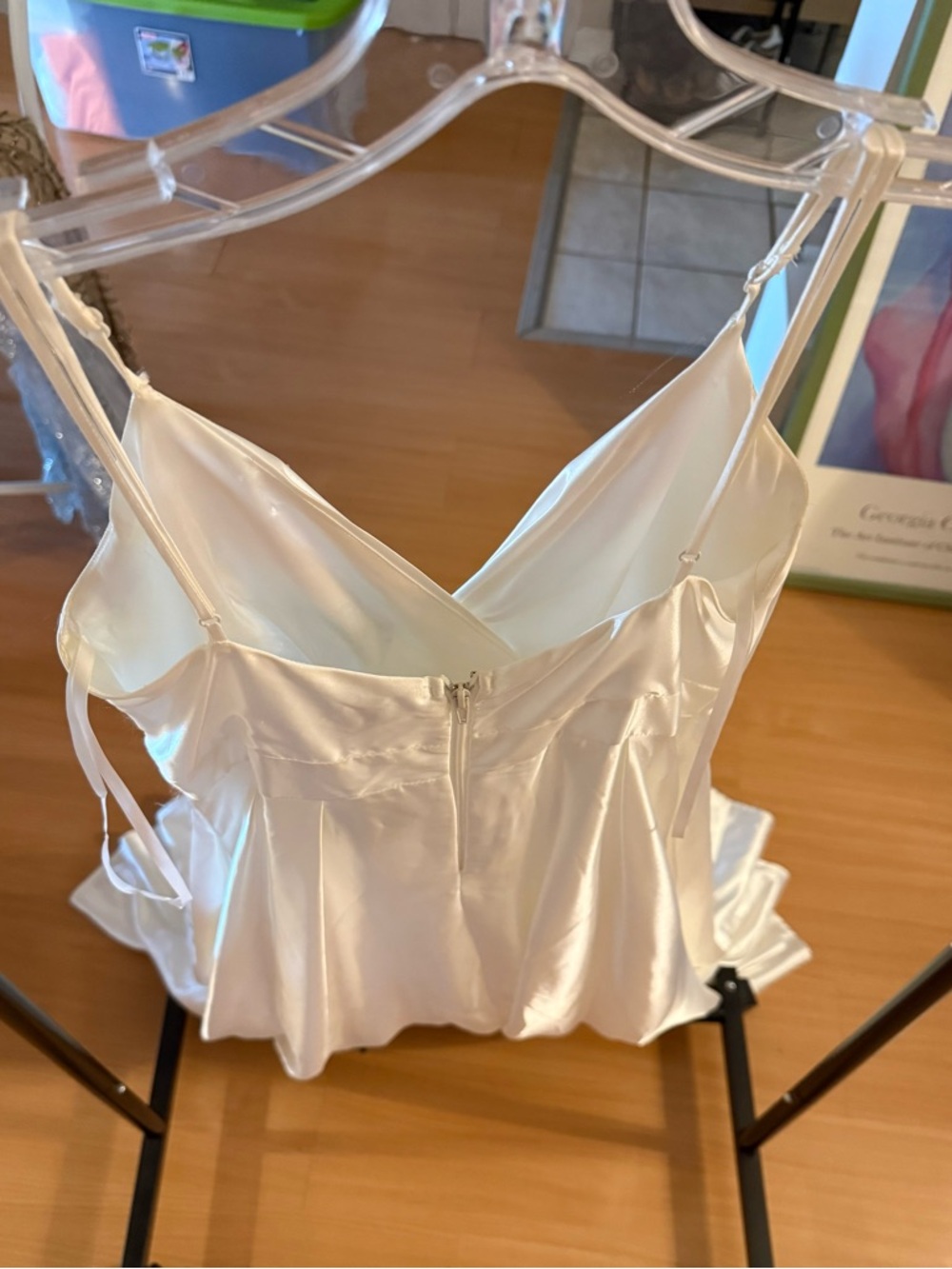 Satin White Spaghetti Strap A-Line Gown - Picture 4 of 9
